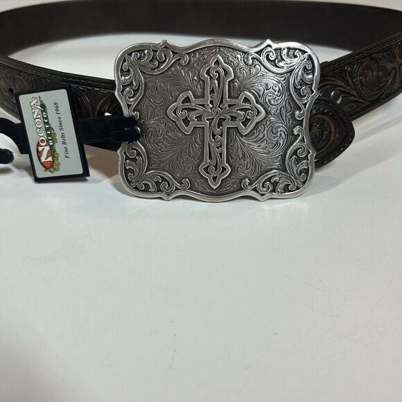 Nocona Leather Belt With Buckle Brown Embossed Cross Men’s Medium - Picture 2 of 8